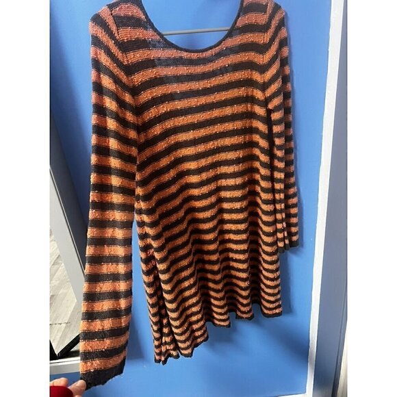 Free People Striped Long-Sleeve Knit Tunic Dress, Deep V-Back In Orange Black,XS - Picture 3 of 10